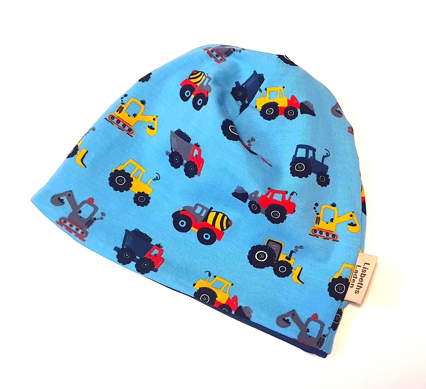 Blaue Mütze mit Baustellenfahrzeugen