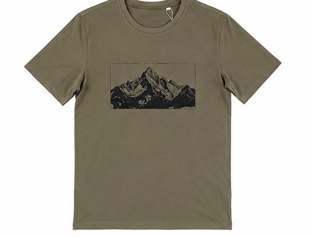 Olivgrünes Bio-Baumwoll-T-Shirt mit Bergmotiv
